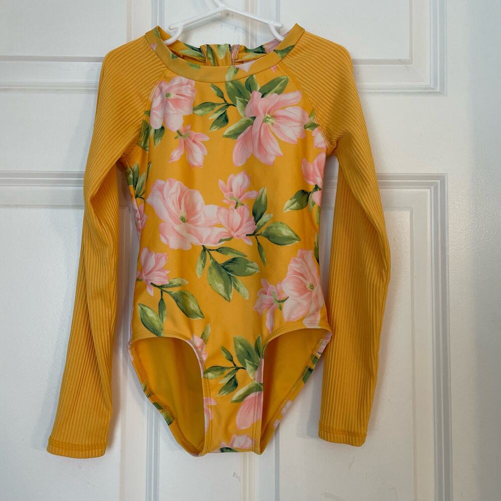 Art Class Floral Print Yellow Backzip Swimsuit/Rashguard
